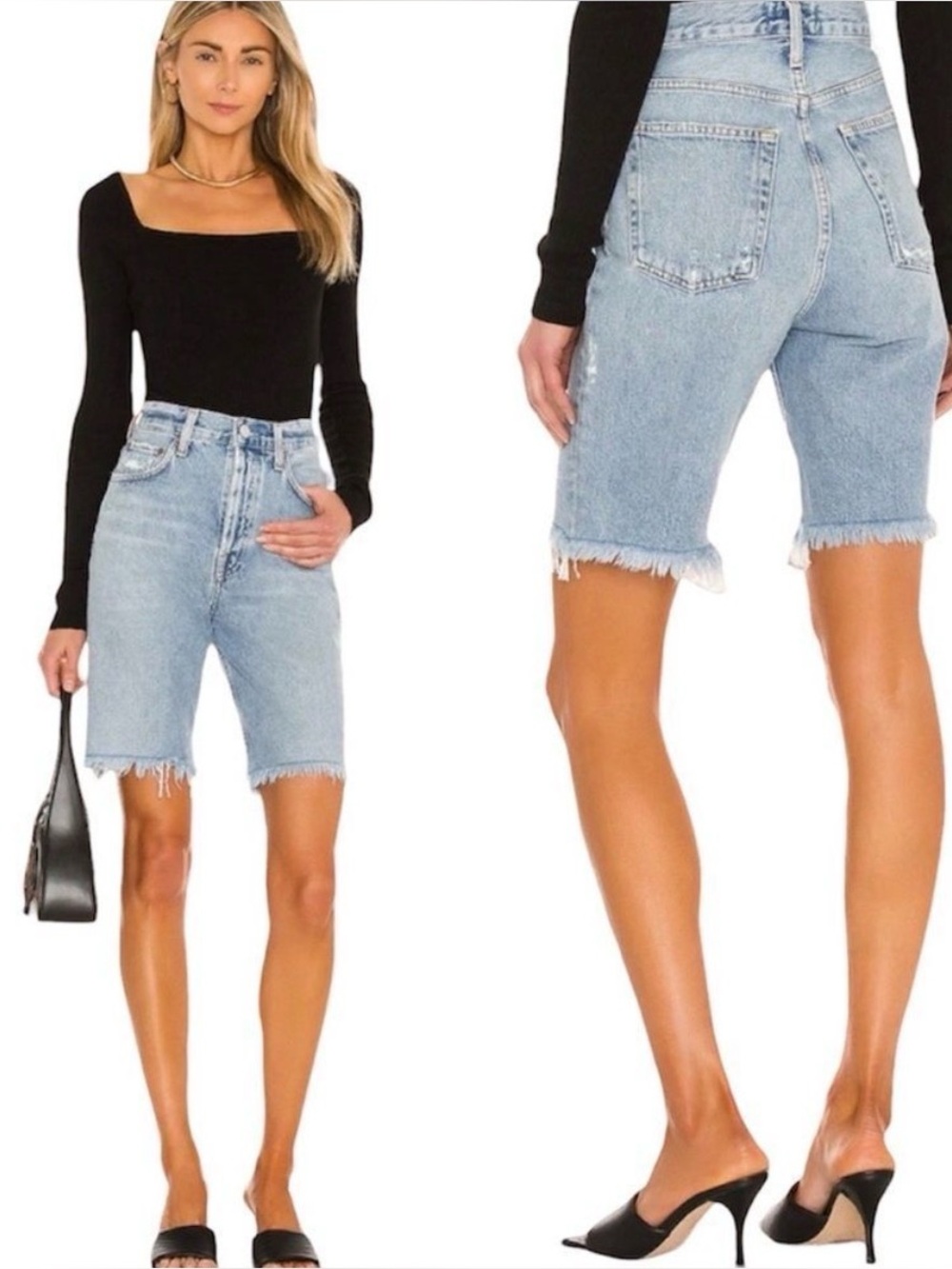Agolde Light Blue Frayed Hem Denim Shorts